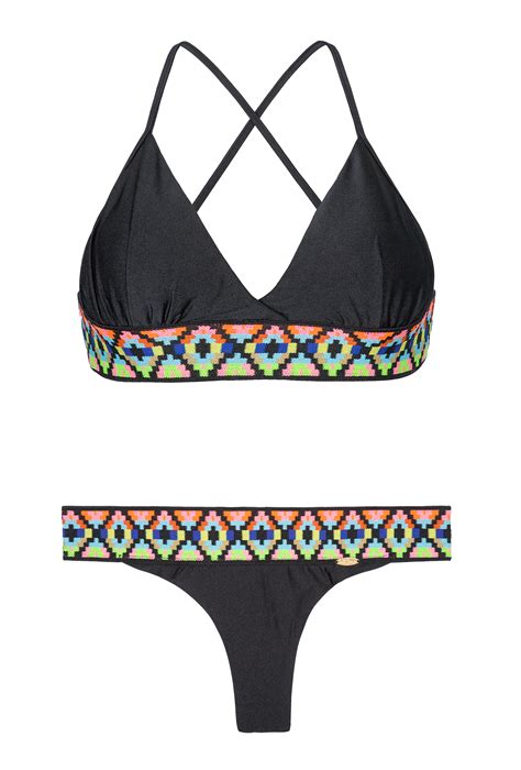 Luli Fama Black Thong Bikini Set With Printed Trim Ocean Spell