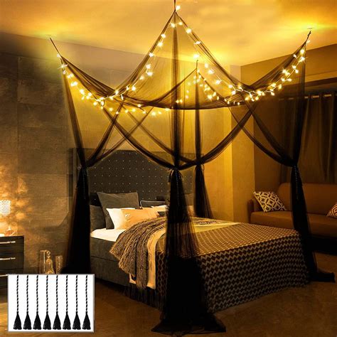 buy heycolor  corner black bed canopy   led star string lights elegant black canopy bed