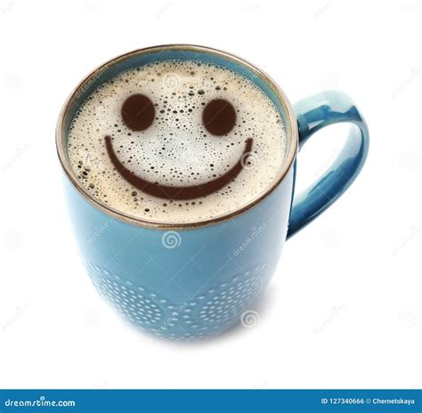 Cup Of Delicious Hot Coffee With Foam And Smile On White Background