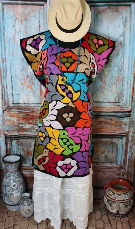 Mexican Huipil Dress Multi Color Hand Embroidered Jalapa Oaxaca Cowgirl