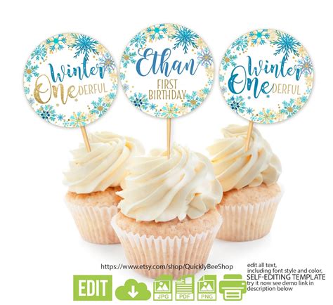 editable winter onederland birthday cupcake toppers blue snowflake