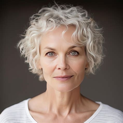 premium photo portrait of a woman about 55 years old with curly white