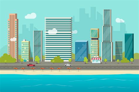 City Buildings From Sea Beach View Vector Illustration