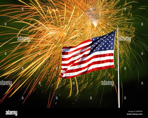 american flag  front   fireworks display  july    fourth  july stock photo