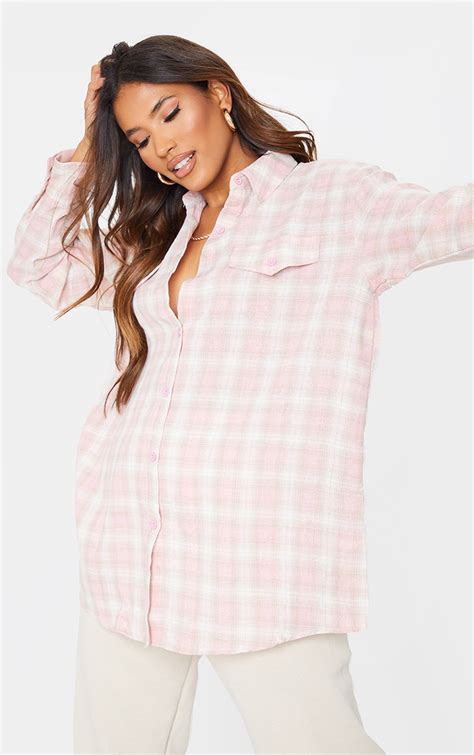 pale pink checked oversized shirt tops prettylittlething