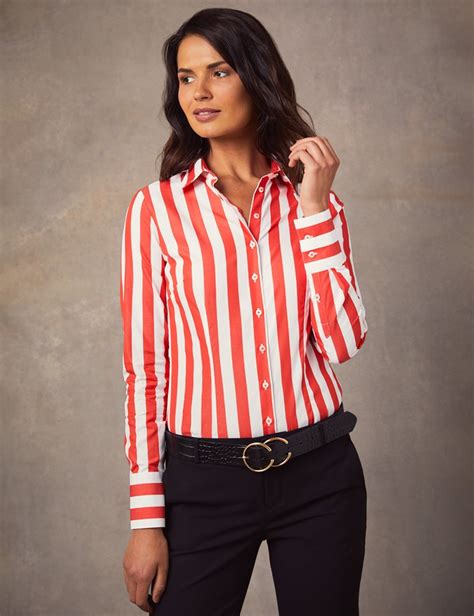 womens white red wide stripe fitted shirt  contrast collar cuff single cu outfits