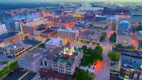 downtown green bay wisconsin  morning twilight aerial fly