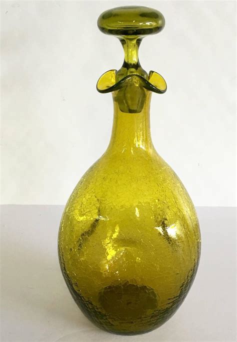 Blenko Green Pinched Crackle Glass Decanter For Sale At