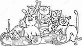Coloring Group Cats Cartoon Premium Vector Happy Book sketch template