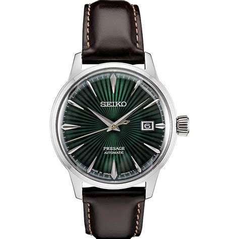 seiko mens green dial brown leather band analoge automatic   watchco