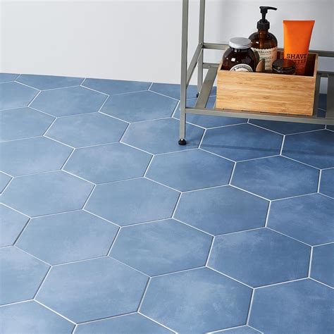 blue hexagon floor tile bathroom inocencia cowles