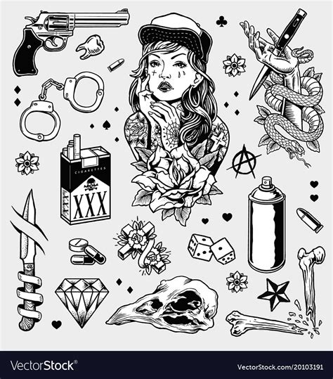 Edgy Black And White Tattoo Flash Set Royalty Free Vector