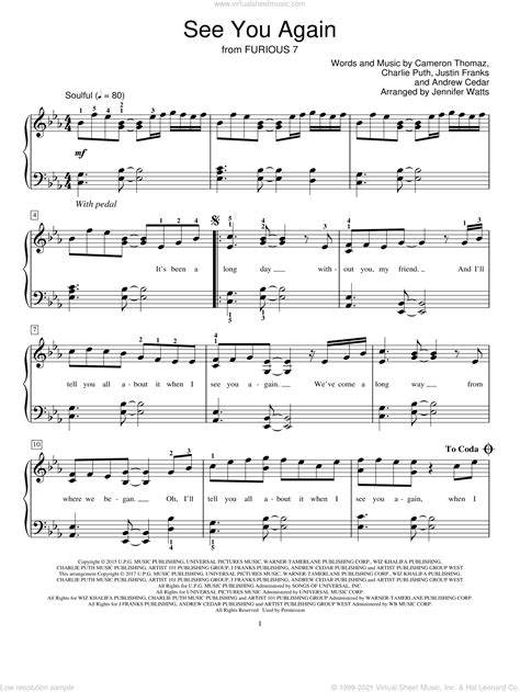 Puth See You Again Sheet Music For Piano Solo Elementary