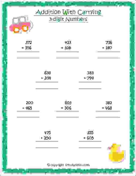 addition  carrying worksheet  estudynotes