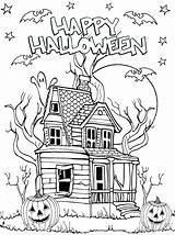Haunted House Halloween Coloring Color Print Bats Pages Ghost Pumpkin Moon Adult Adults Pumpkins Lantern Trees Jack Dead Stars sketch template