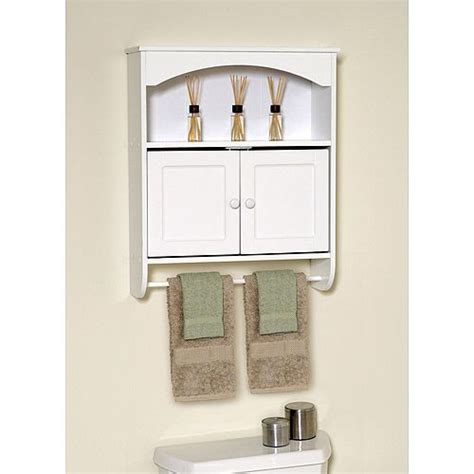 white wood wall cabinet  open storage  towel bar