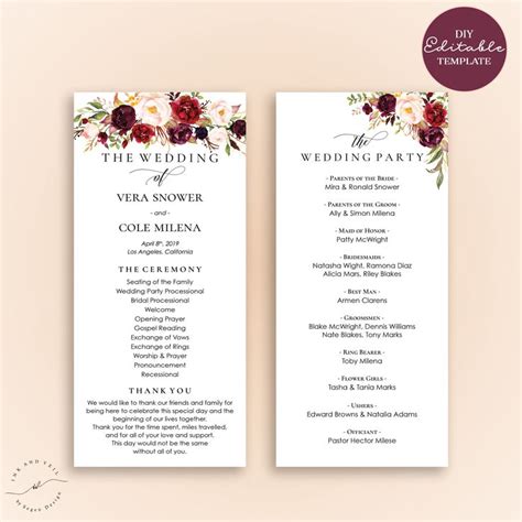 wedding program editable template marsala burgundy floral ceremony pro