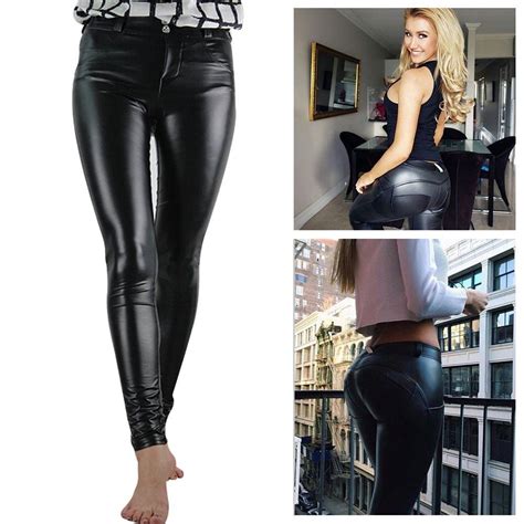 lady women s pu leather pants stretchy push up pencil skinny tight