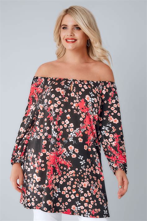 black and multi oriental floral print gypsy top plus size