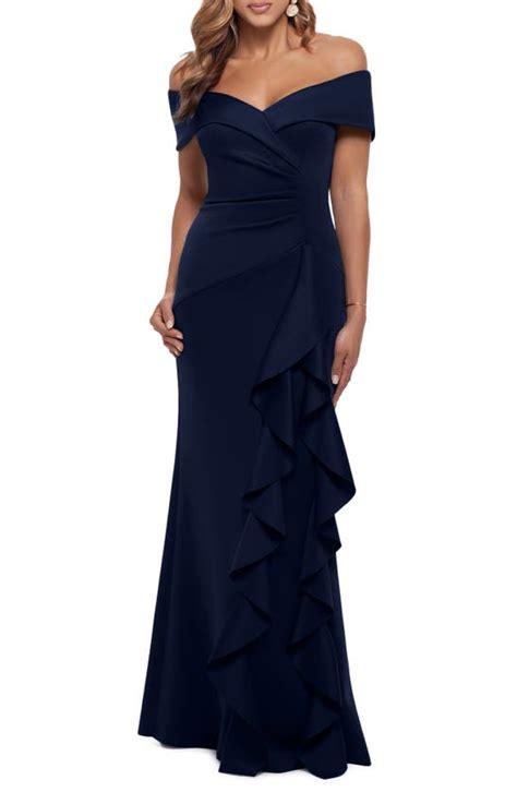 xscape ava off the shoulder side ruffle evening gown in midnight modesens