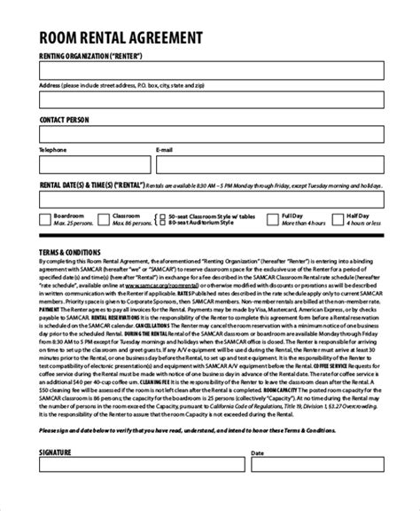 sample room rental agreement forms   ms word