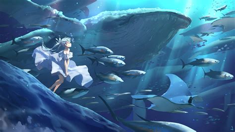 anime girl underwater  sealife  shijohane