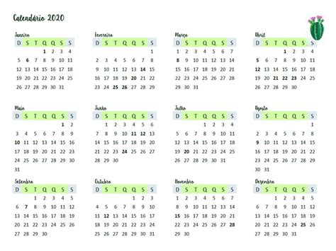 calendario planner cactos feriados agenda mes mes