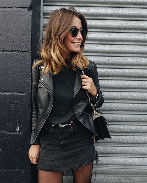 black denim skirt outfit leather jacket street fashion pencil skirt