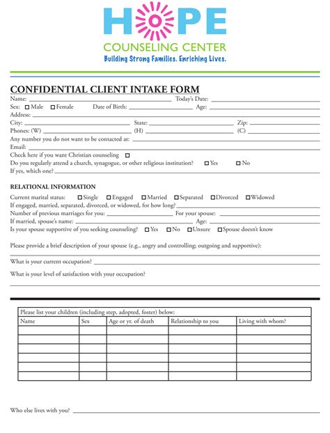 Confidential Client Intake Form Hope Counseling Center Download