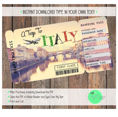 printable ticket  italy boarding pass surprise vacation trip ticket digital file  fill