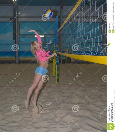 sporty girl volley ball on the sand playground stock image image of