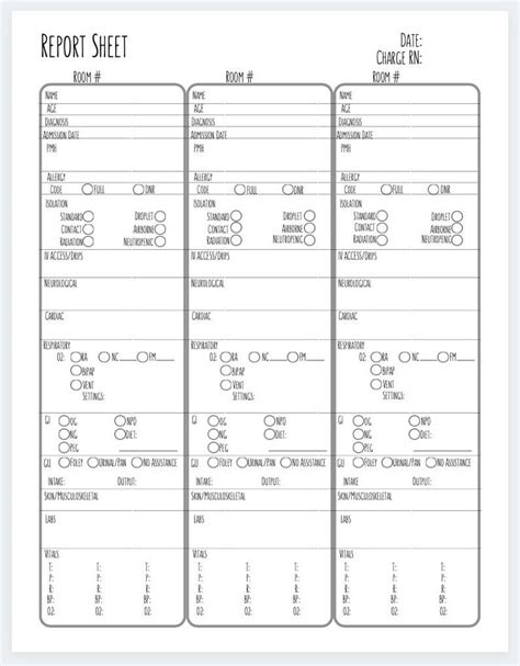 shift report  printable nursing report sheet