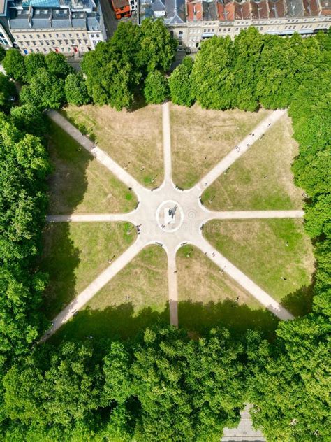 aerial vertical shot   queens square  bristol lines  dense trees   sunlight