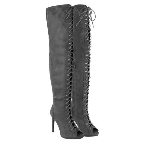 womens ladies thigh high over the knee peep toe lace up boots stiletto