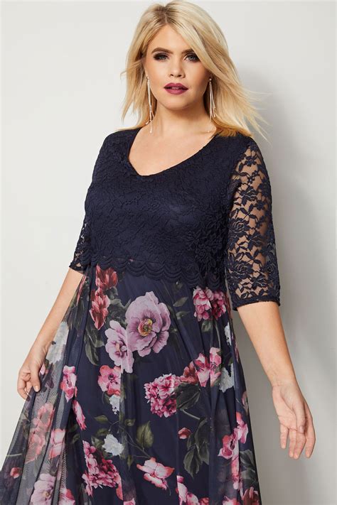yours london navy and pink floral hanky hem dress with lace