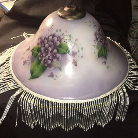 Large Floral Hand Painted Frosted Glass Lamp Shade With Fringe Purple