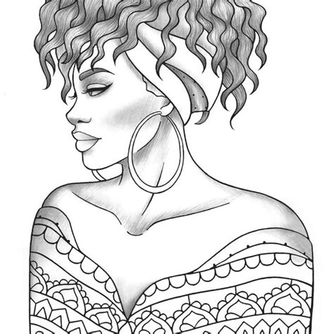 adult coloring page black girl portrait  clothes colouring etsy
