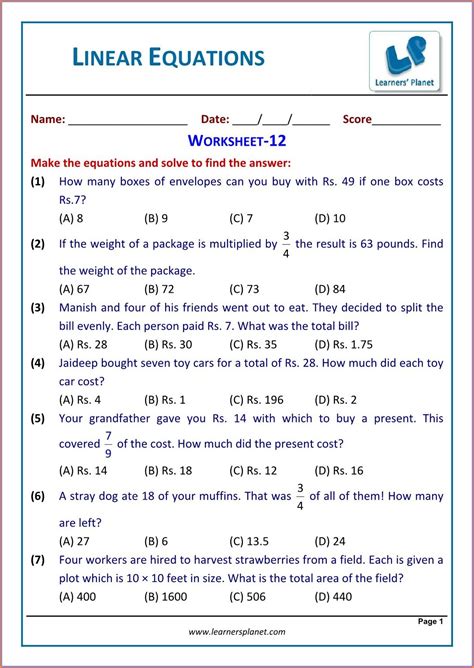 grade  linear equations worksheet worksheet resume examples