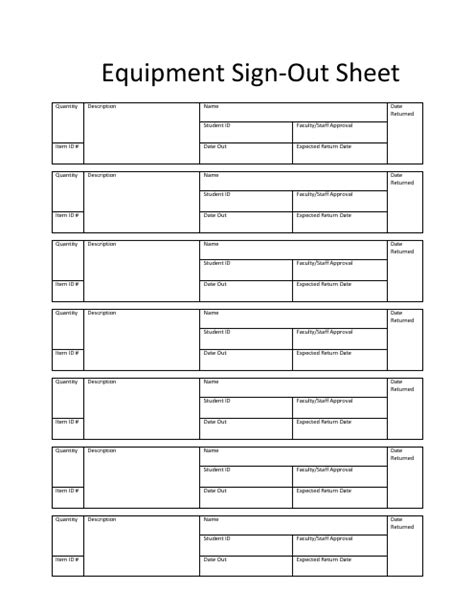 equipment sign  sheet template tables  printable