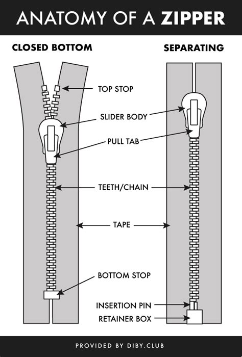 anatomy   zipper  instructions    open  close  labeled  black