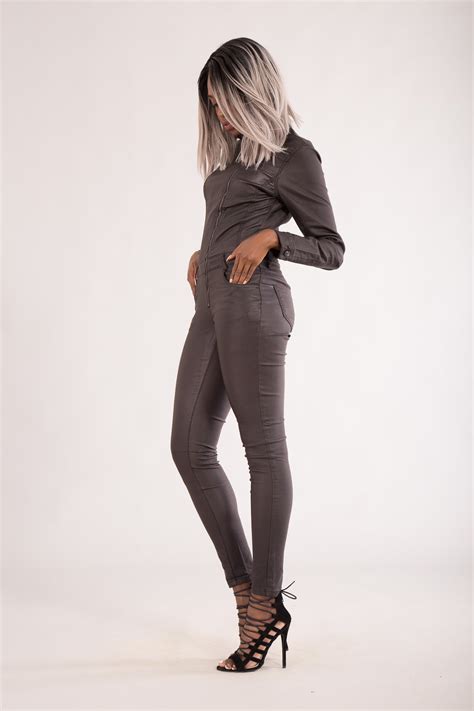 womens black long sleeve leather look skinny fit jumpsuit