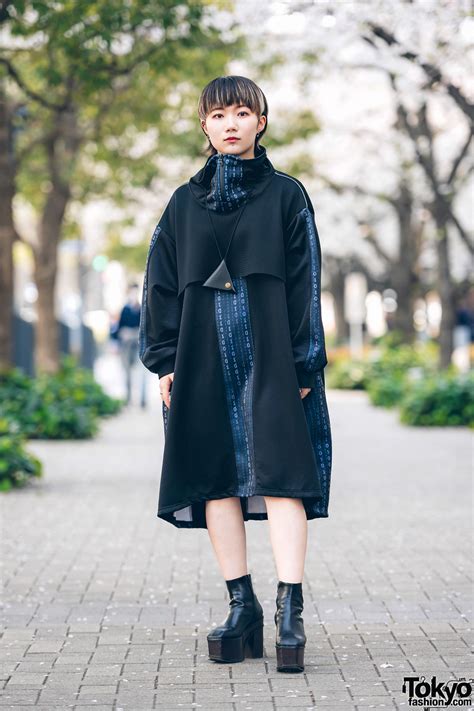 modern minimalist japanese street style  kakuremi cowl neck dress dr martens triangle neck