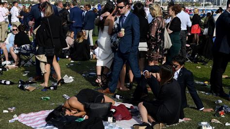 what a mess champagne flows for boozy revellers at the melbourne cup