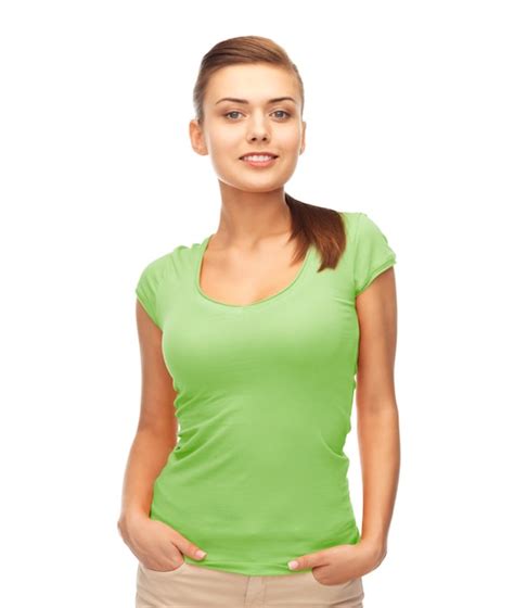 Premium Photo Picture Of Smiling Woman In Blank Green T Shirt