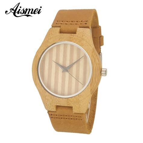 2018 Aismei Women Wooden Bamboo Watches For Ladies Genuine Leather