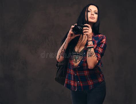 Seductive Tattooed Girl Wearing An Unbuttoned Checked Shirt Girl Posing