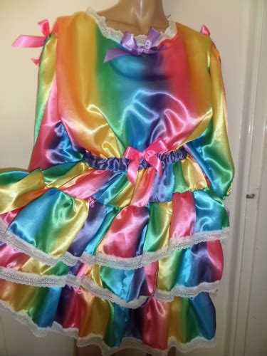 abdl sissy rainbow satin ruffle dress 52 puffed sleeves lace trim bows