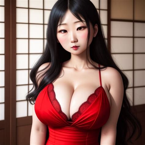 Ai Art Generator From Text Japanese Huge Boobs Red Dress Cleavage Sexy