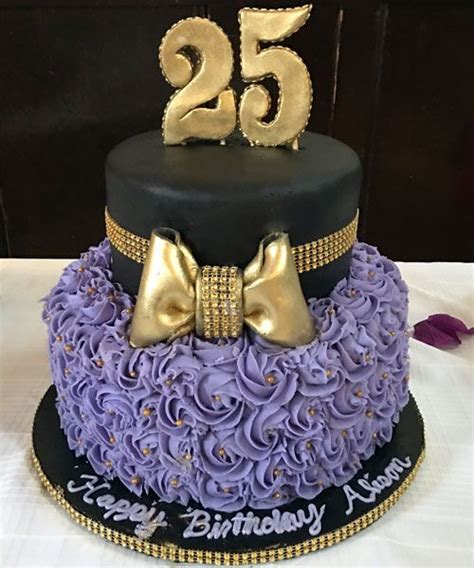 purple cake rose cake gold bow 25 years old birthday cake