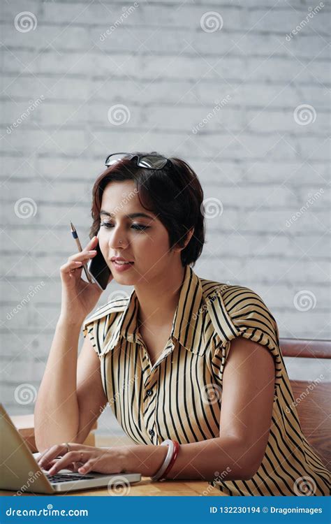 indian woman working  office stock photo image  smartphone